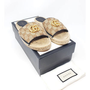 Gucci Sandals GG Marmont Logo Supreme Canvas Platform Espadrilles Slides EU 37